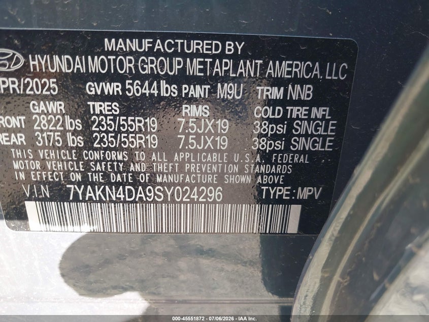 2025 Hyundai Ioniq 5 Sel VIN: 7YAKN4DA9SY024296 Lot: 45551872