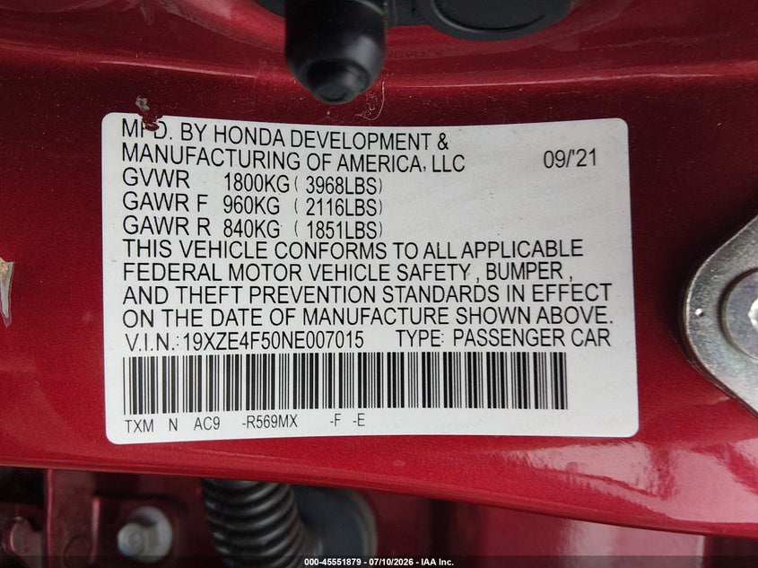 2022 Honda Insight Ex VIN: 19XZE4F50NE007015 Lot: 45551879