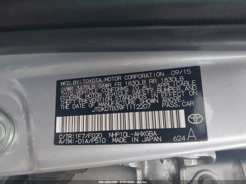 2015 Toyota Prius C Three VIN: JTDKDTB39F1112207 Lot: 45551896