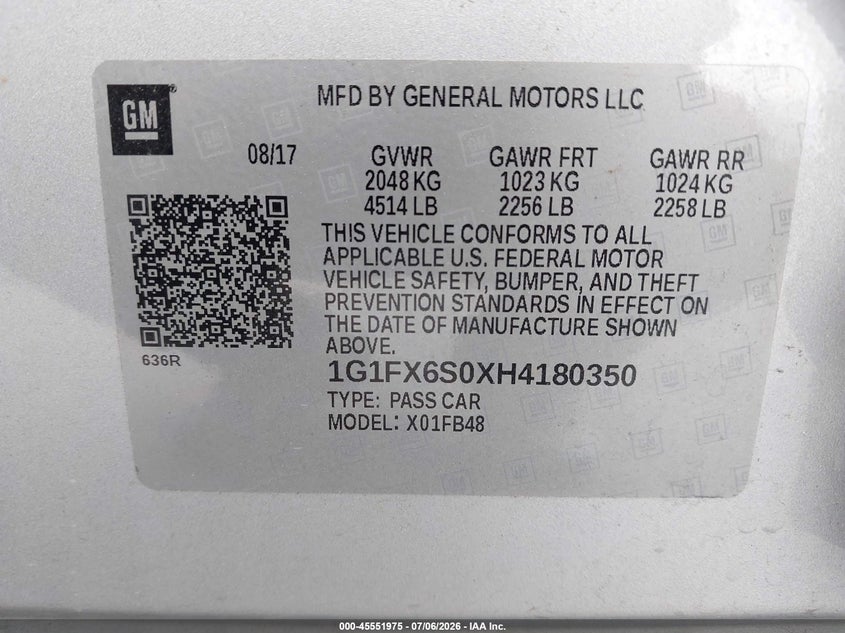 2017 Chevrolet Bolt Ev Premier VIN: 1G1FX6S0XH4180350 Lot: 45551975