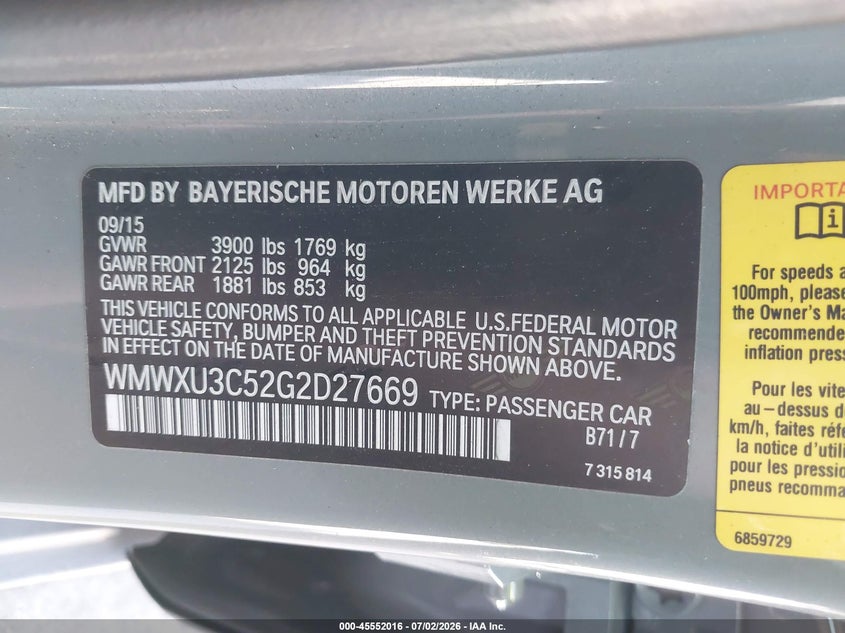 2016 Mini Hardtop Cooper S VIN: WMWXU3C52G2D27669 Lot: 45552016