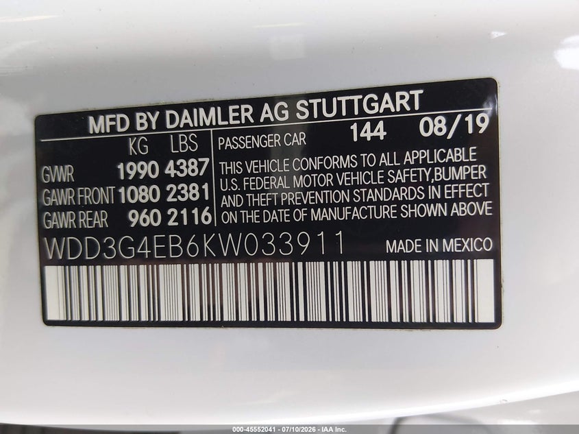2019 Mercedes-Benz A 220 VIN: WDD3G4EB6KW033911 Lot: 45552041
