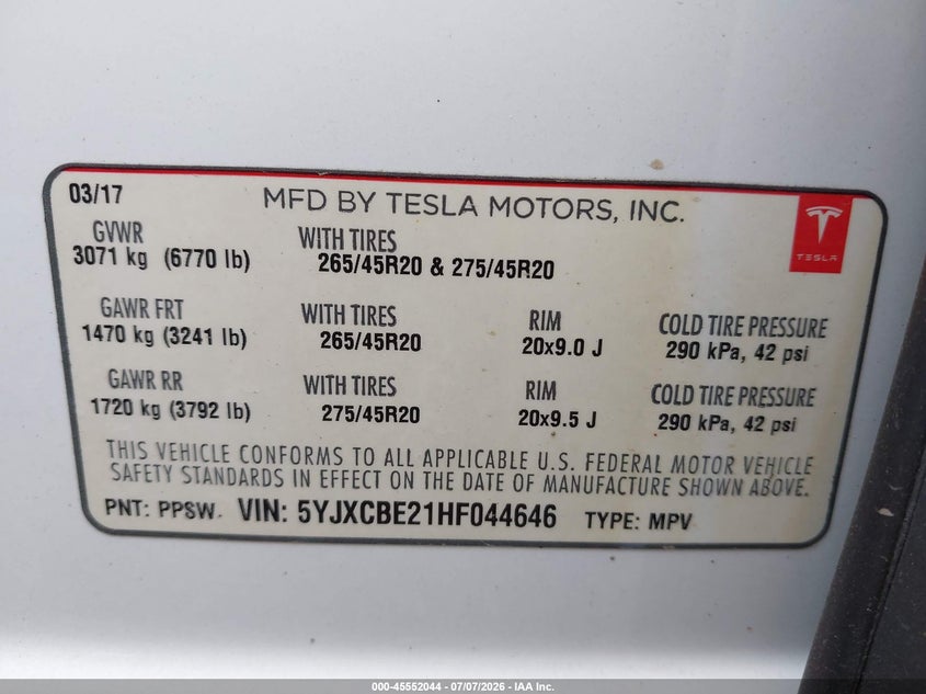 2017 Tesla Model X 100D/75D/90D VIN: 5YJXCBE21HF044646 Lot: 45552044