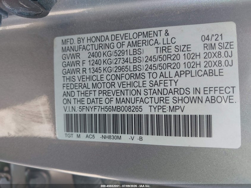 2021 Honda Passport 2Wd Ex-L VIN: 5FNYF7H56MB008265 Lot: 45552051