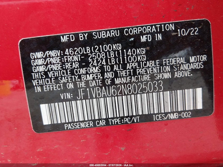 2022 Subaru Wrx Gt VIN: JF1VBAU62N8025033 Lot: 45552054