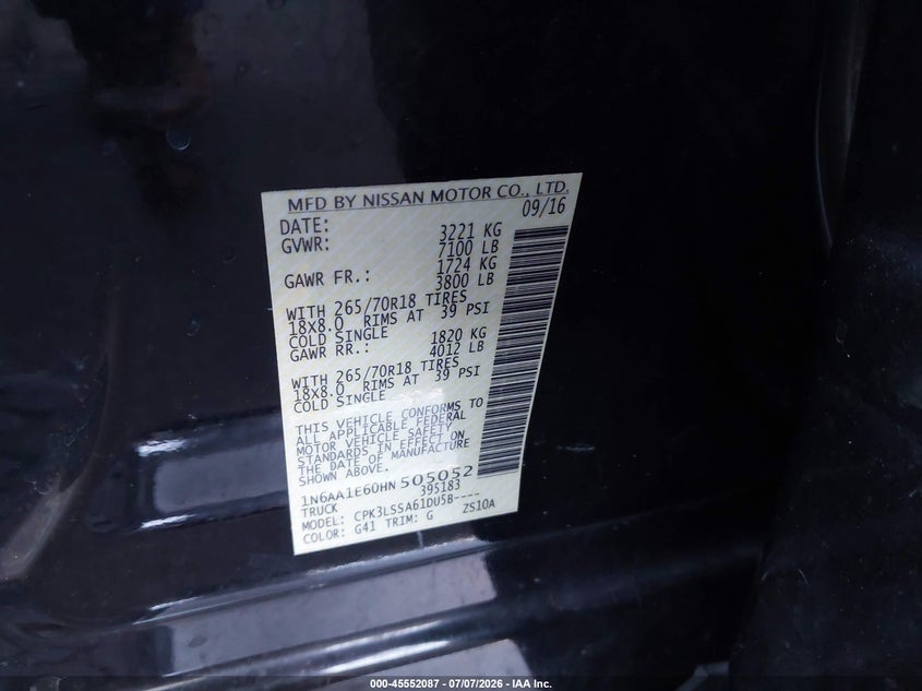 2017 Nissan Titan Sv VIN: 1N6AA1E60HN505052 Lot: 45552087