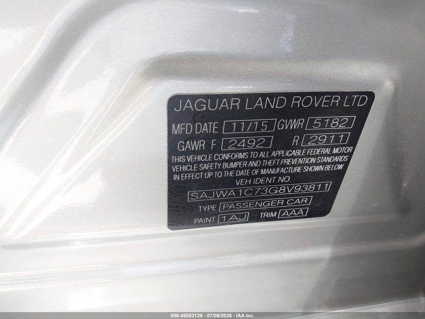 2016 Jaguar Xj R-Sport VIN: SAJWA1C73G8V93811 Lot: 45552126