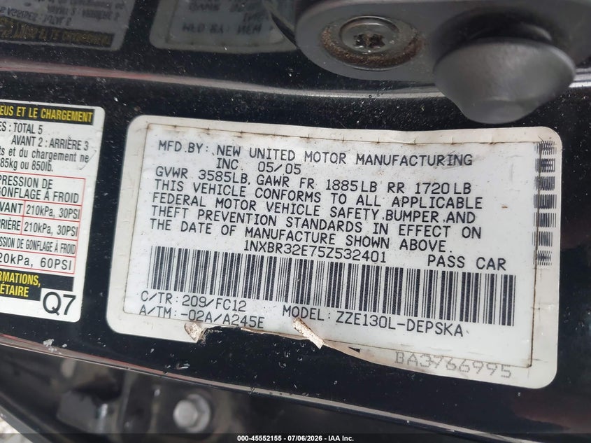 TOYOTA COROLLA 2005 VIN 1NXBR32E75Z532401