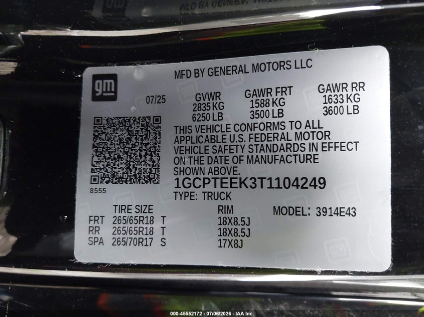 CHEVROLET COLORADO 2026 VIN 1GCPTEEK3T1104249