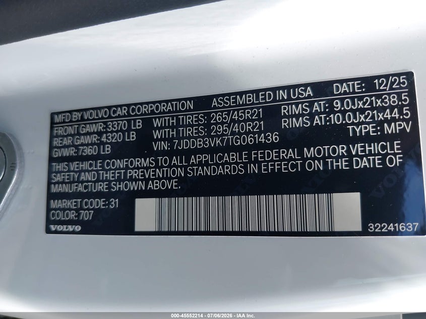 2026 Volvo Ex90 VIN: 7JDDB3VK7TG061436 Lot: 45552214