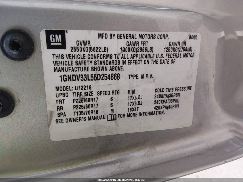 2005 Chevrolet Uplander Lt VIN: 1GNDV33L55D254868 Lot: 45552216