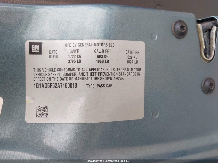 2010 Chevrolet Cobalt Lt VIN: 1G1AD5F52A7160018 Lot: 45552221