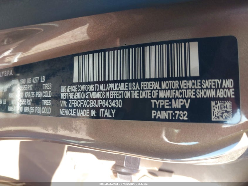 2018 Fiat 500X Trekking Fwd VIN: ZFBCFXCB9JP643430 Lot: 45552234