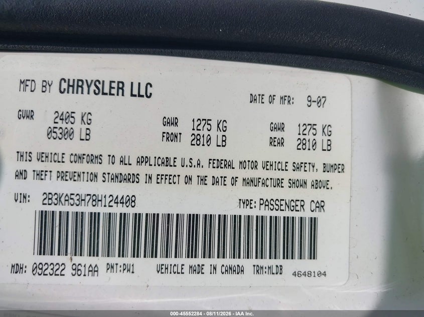 2008 DODGE CHARGER SEDAN 5.7L V-8 340HP