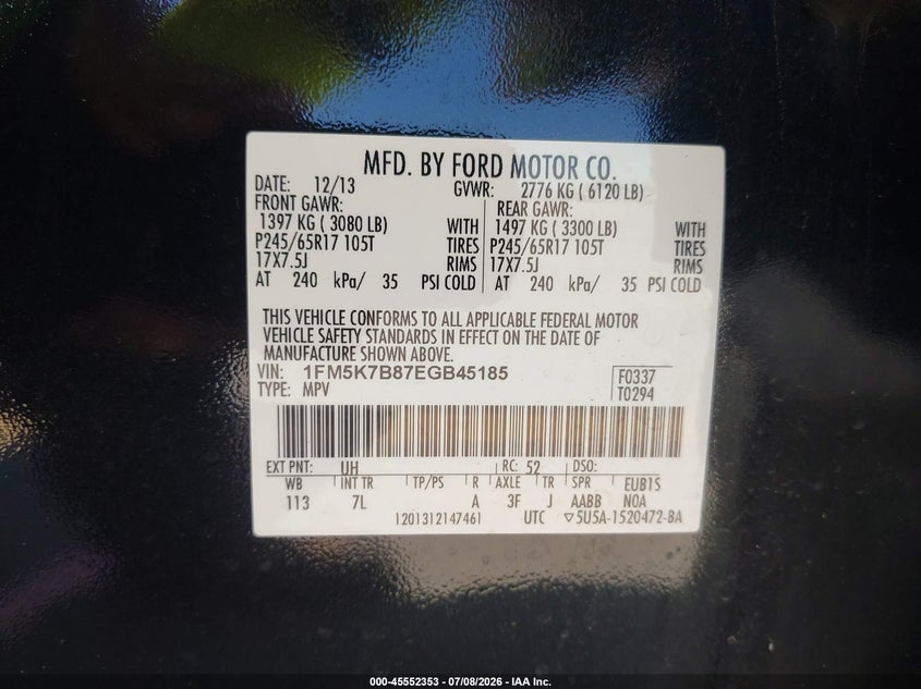 2014 Ford Explorer VIN: 1FM5K7B87EGB45185 Lot: 45552353