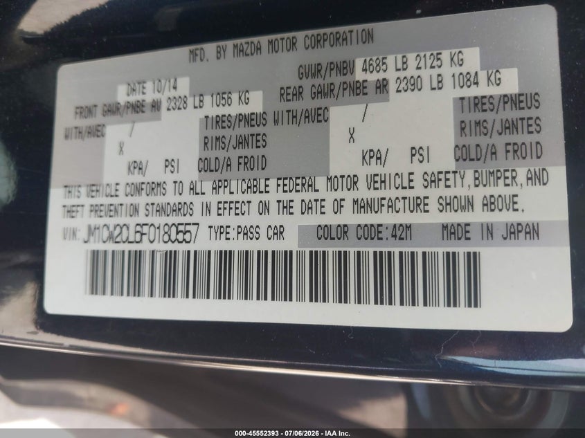 2015 Mazda Mazda5 Touring VIN: JM1CW2CL6F0180557 Lot: 45552393
