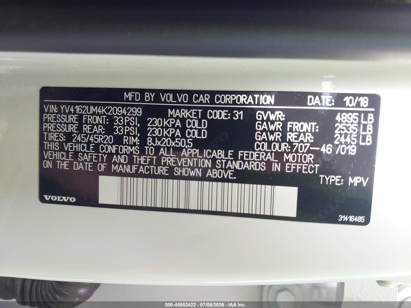 2019 Volvo Xc40 T5 R-Design VIN: YV4162UM4K2094299 Lot: 45552422