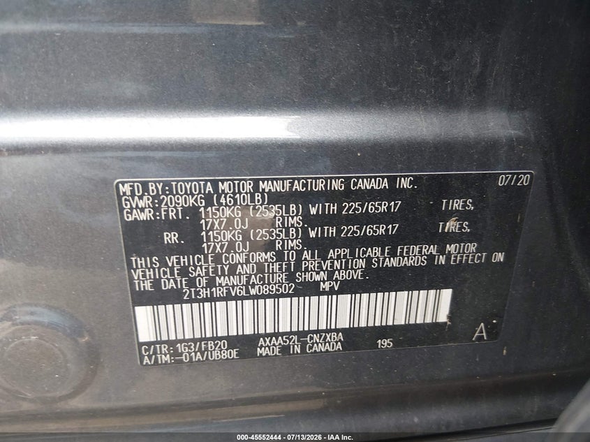 TOYOTA RAV4 2020 VIN 2T3H1RFV6LW089502