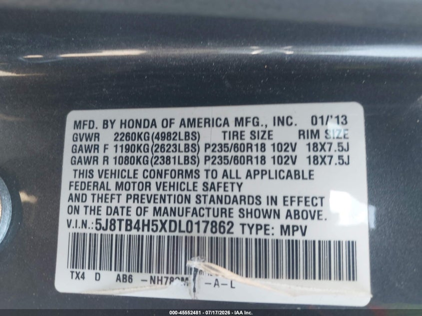 2013 Acura Rdx VIN: 5J8TB4H5XDL017862 Lot: 45552481