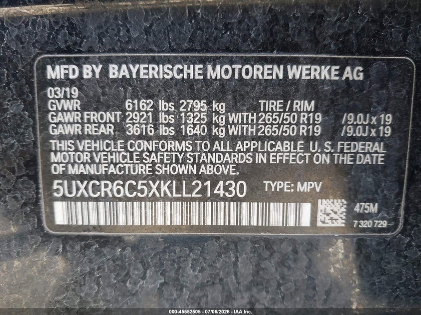 2019 BMW X5 xDrive40I VIN: 5UXCR6C5XKLL21430 Lot: 45552505