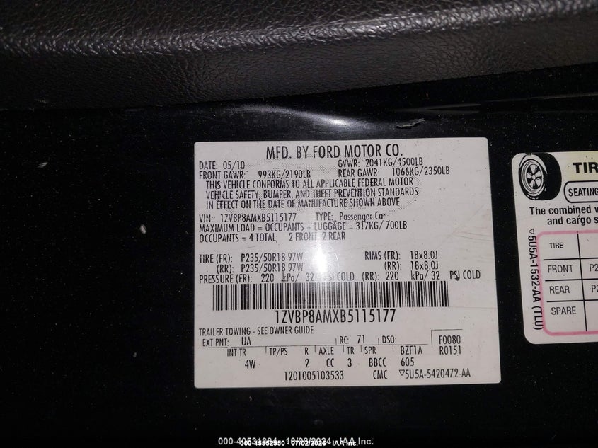 FORD MUSTANG 2011 VIN 1ZVBP8AMXB5115177