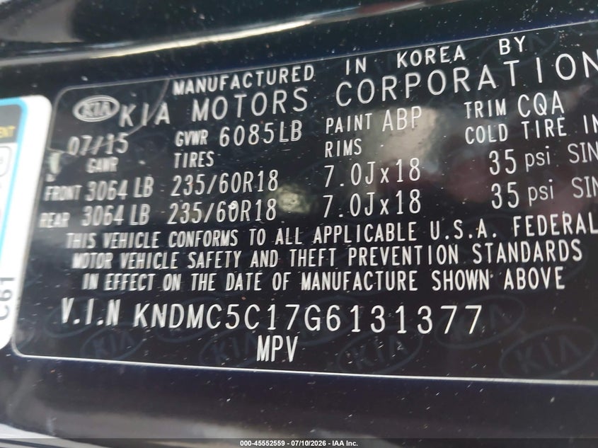 2016 Kia Sedona Sx VIN: KNDMC5C17G6131377 Lot: 45552559