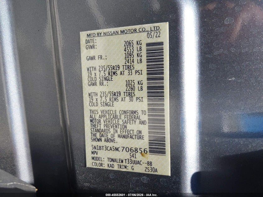 2022 Nissan Rogue Sl Fwd VIN: 5N1BT3CA5NC706856 Lot: 45552601