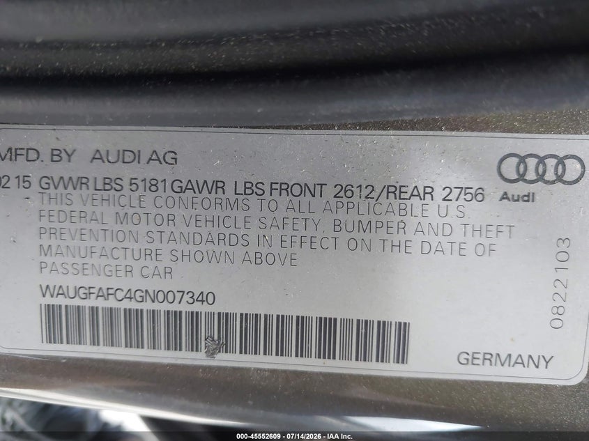 2016 Audi A6 2.0T Premium Plus VIN: WAUGFAFC4GN007340 Lot: 45552609