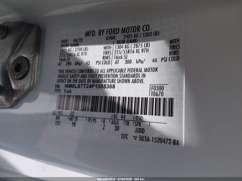 2023 Ford Transit Connect Xlt VIN: NM0LS7T24P1555368 Lot: 45552623