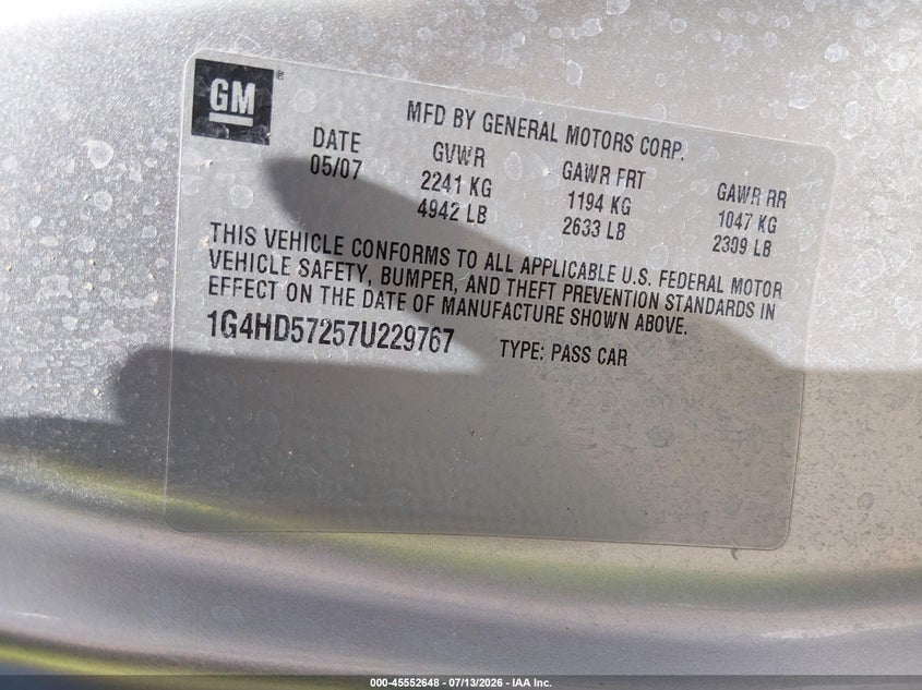 2007 Buick Lucerne Cxl VIN: 1G4HD57257U229767 Lot: 45552648