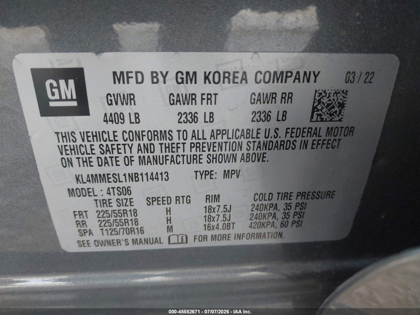 2022 Buick Encore Gx Awd Select VIN: KL4MMESL1NB114413 Lot: 45552671