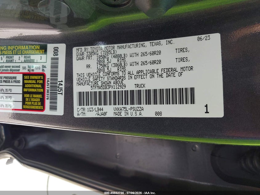 2023 Toyota Tundra VIN: 5TFMA5DB3PX112929 Lot: 45552756