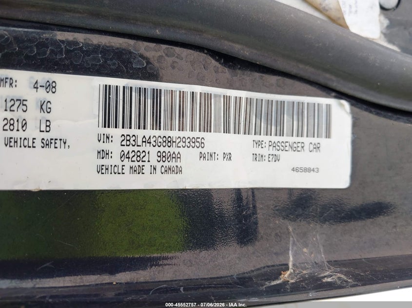 2008 Dodge Charger VIN: 2B3LA43G88H293956 Lot: 45552757