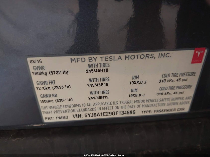 2016 Tesla Model S 60D/70D/75D/85D/90D VIN: 5YJSA1E29GF134586 Lot: 45552801