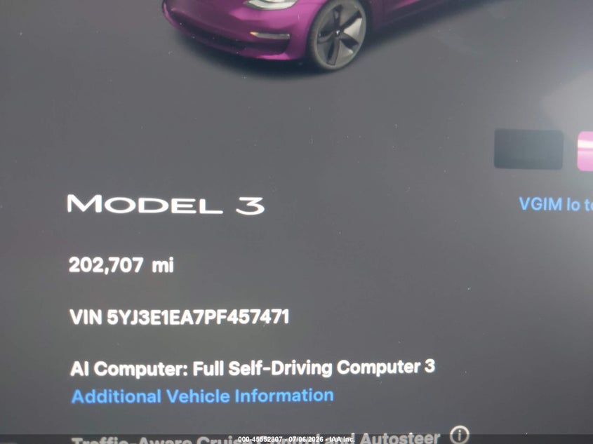 2023 Tesla Model 3 Rear-Wheel Drive VIN: 5YJ3E1EA7PF457471 Lot: 45552807