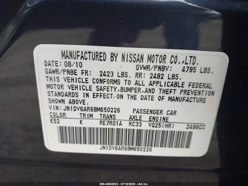 2011 Infiniti G25X VIN: JN1DV6AR6BM650226 Lot: 45552822