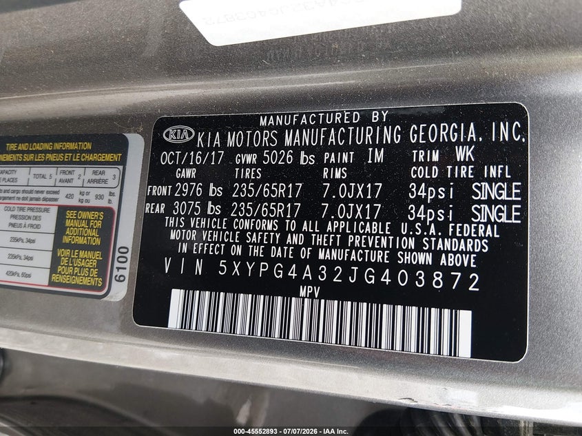 KIA SORENTO 2018 VIN 5XYPG4A32JG403872
