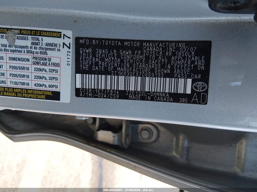 2007 Toyota Matrix Xr VIN: 2T1KR30EX7C669193 Lot: 45552897