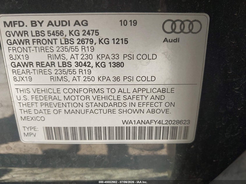 2020 Audi Q5 Premium 45 Tfsi Quattro S Tronic VIN: WA1ANAFY4L2028623 Lot: 45552982