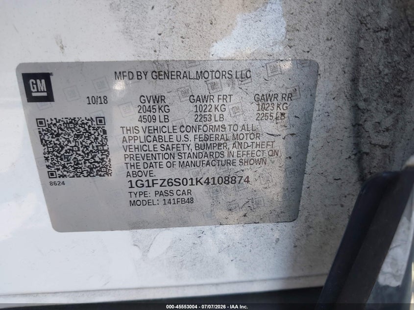 2019 Chevrolet Bolt Ev Premier VIN: 1G1FZ6S01K4108874 Lot: 45553004