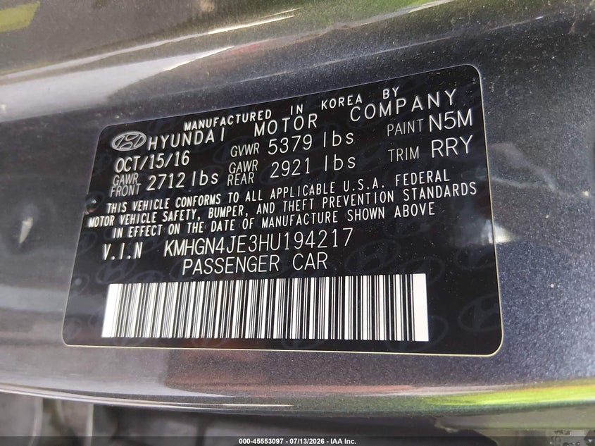 2017 Genesis G80 3.8 VIN: KMHGN4JE3HU194217 Lot: 45553097