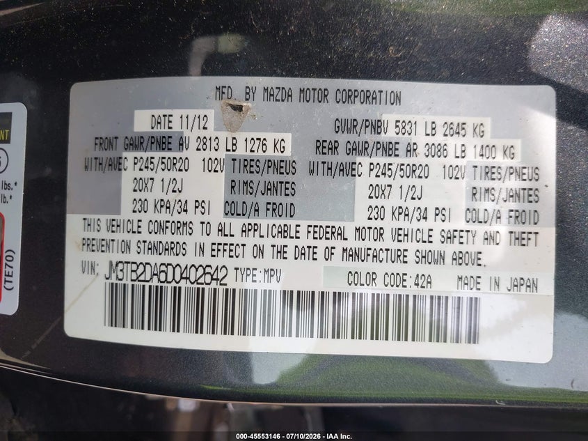 2013 Mazda Cx-9 Grand Touring VIN: JM3TB2DA6D0402642 Lot: 45553146