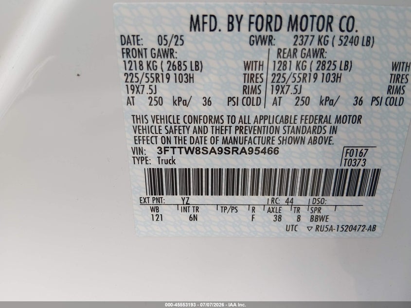 2025 Ford Maverick Lariat VIN: 3FTTW8SA9SRA95466 Lot: 45553193