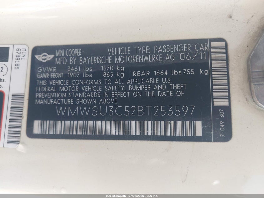 2011 Mini Cooper VIN: WMWSU3C52BT253597 Lot: 45553286