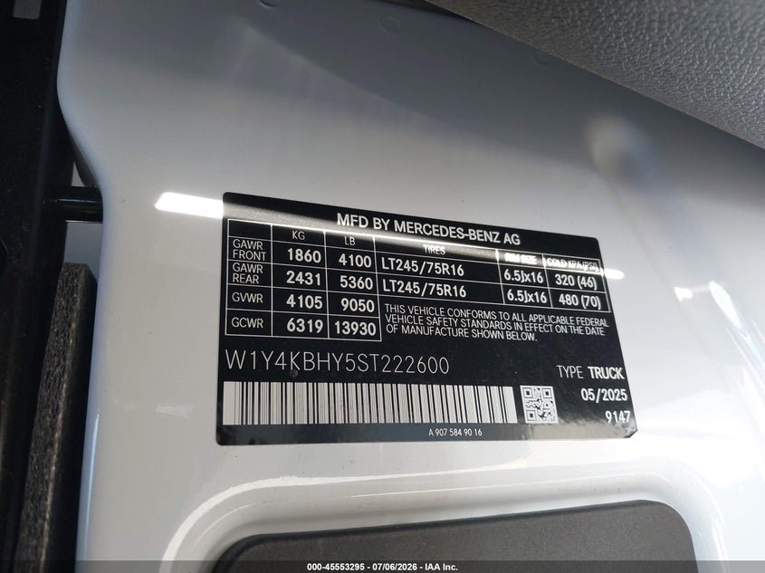 2025 Mercedes-Benz Sprinter 2500 Standard Roof 4-Cyl Diesel VIN: W1Y4KBHY5ST222600 Lot: 45553295