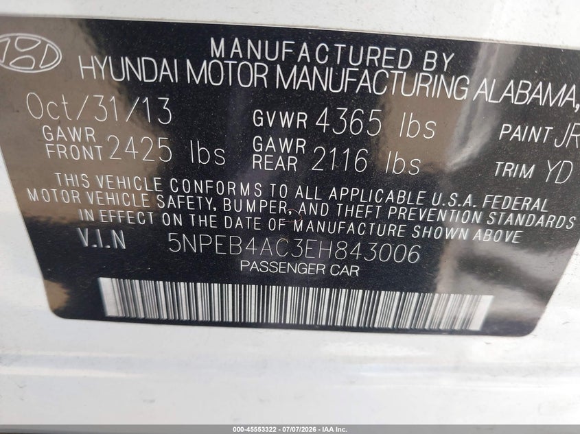 2014 HYUNDAI SONATA SEDAN 2.4L I-4 DI, DOHC, VVT, 190HP