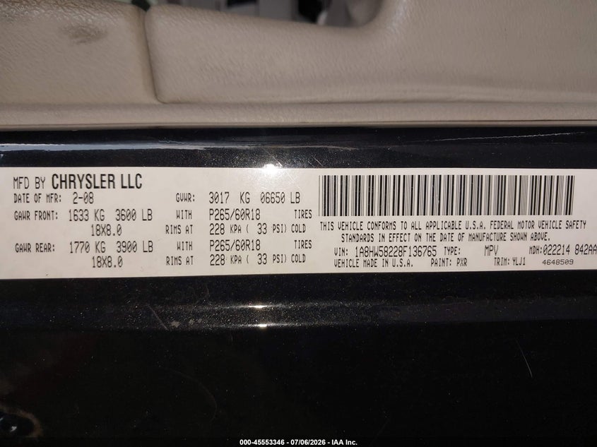 2008 Chrysler Aspen Limited VIN: 1A8HW58228F136765 Lot: 45553346