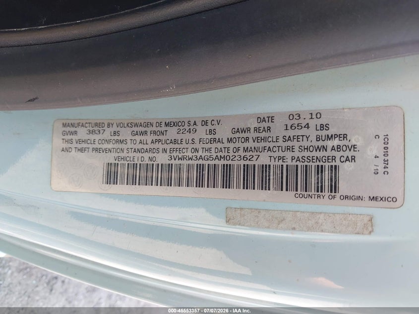2010 Volkswagen New Beetle 2.5L Final Edition VIN: 3VWRW3AG5AM023627 Lot: 45553357