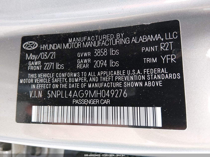 2021 Hyundai Elantra Se VIN: 5NPLL4AG9MH049276 Lot: 45553403