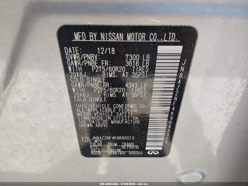 2019 Infiniti Qx80 Luxe VIN: JN8AZ2NF4K9685013 Lot: 45553460